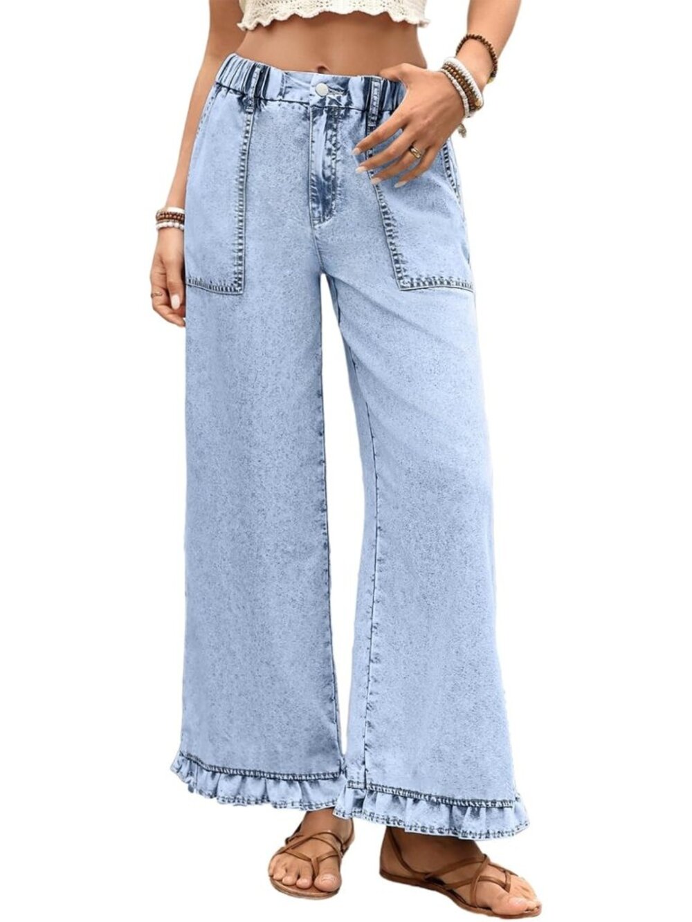 Women's Light Blue Ruffle Hem Pants High Waisted Baggy Elastic Wide Leg Jean